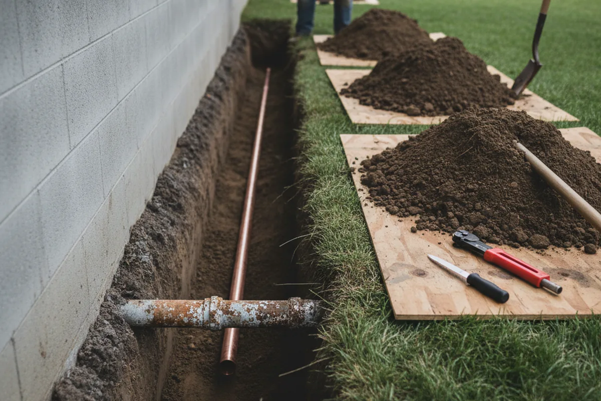 Excavated water line trench during Sewer Line Repair in Central Point